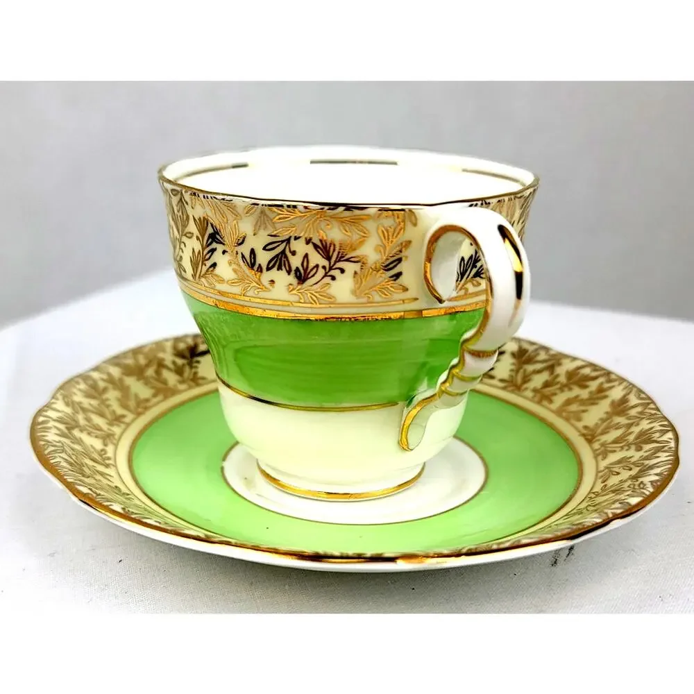 Vintage Royal Stafford Bone China England Tea Cup Saucer Mint Green & Gold Leaf
